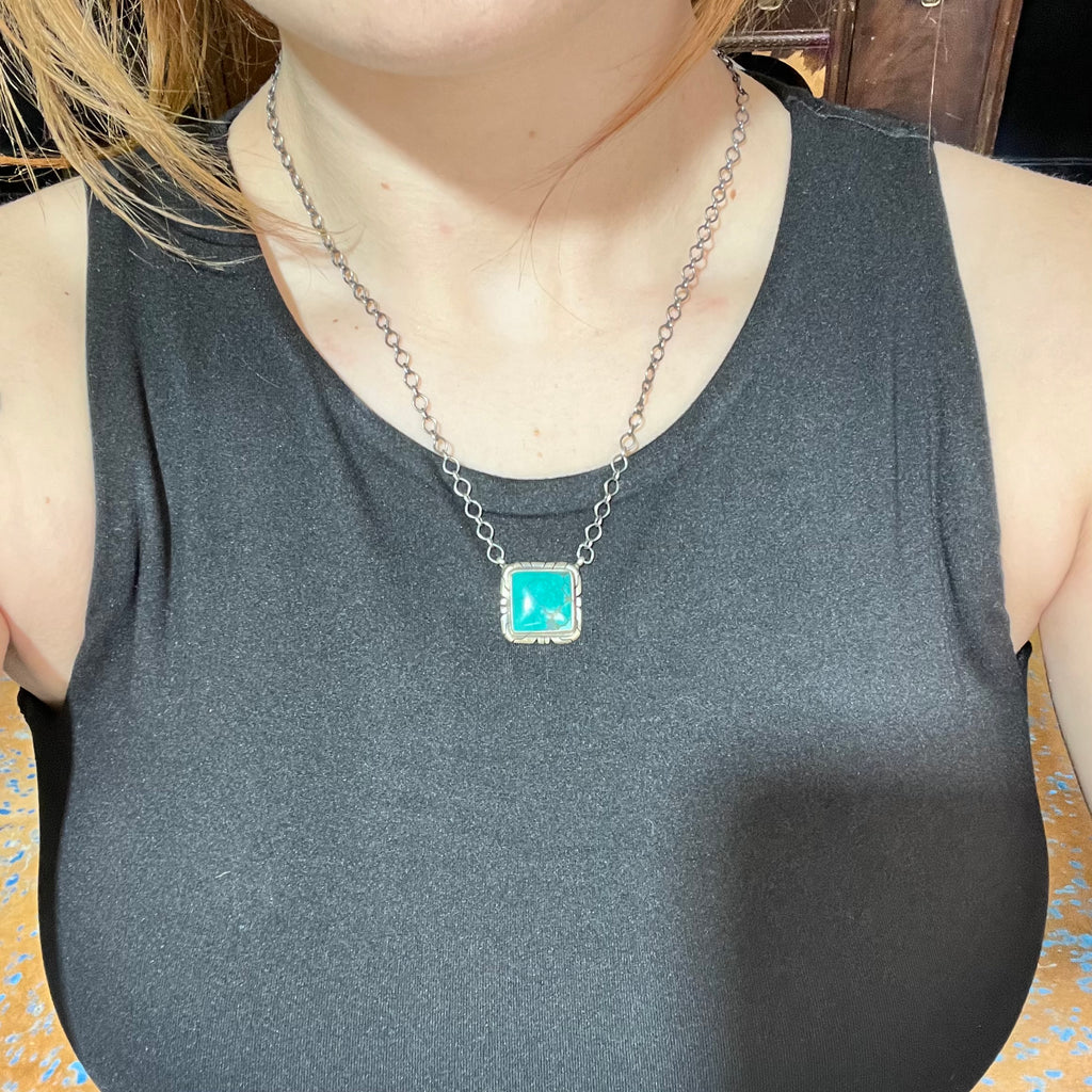 Square Turquoise with Detail Genuine Necklace