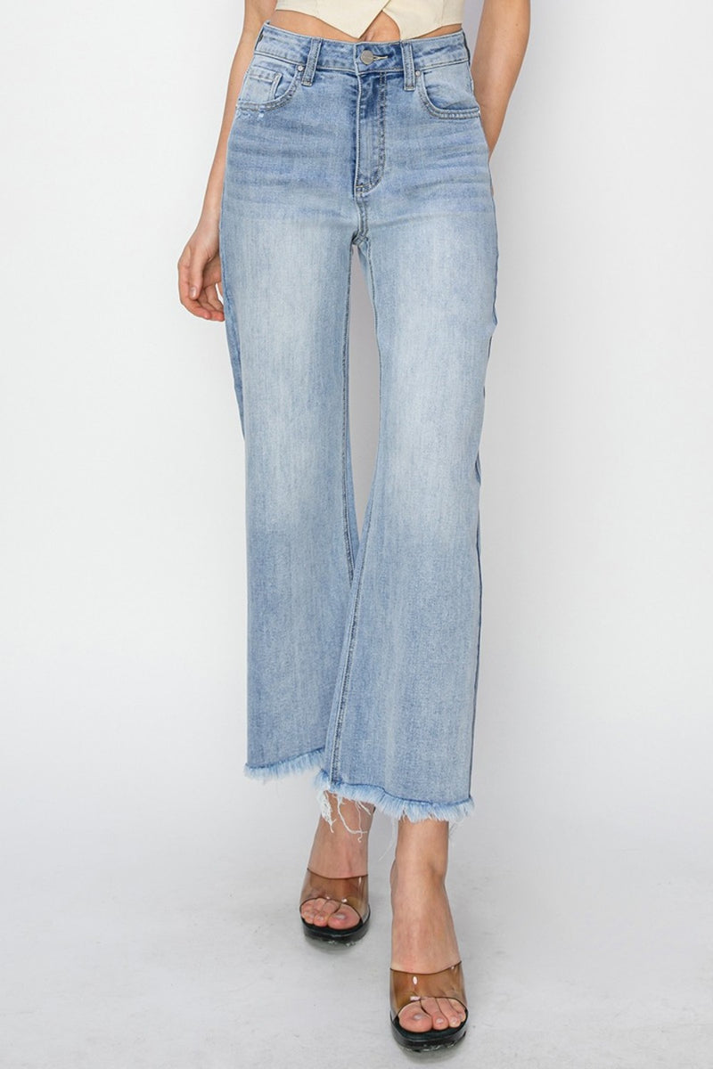 RISEN Lightwash High Rise Crop Wide Fray Hem Jeans