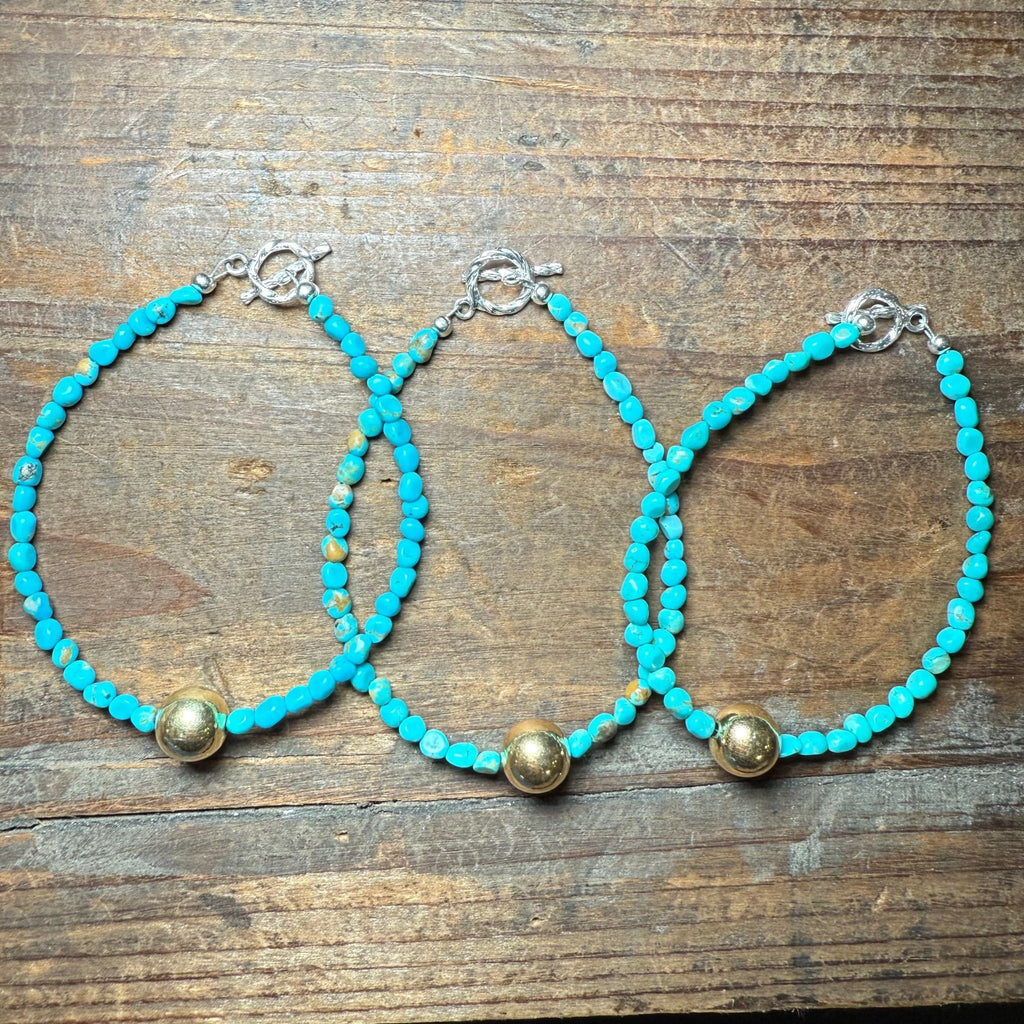 7 inch Turquoise w/ Gold Ball Toggle Clasp Sterling Silver Bracelet - Country Lace Boutique