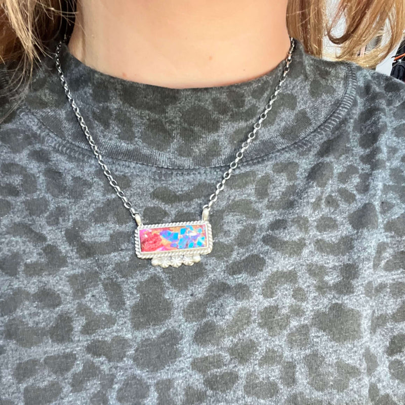 Pink Dahlia with Fancy Detail Bar Sterling Silver Necklace