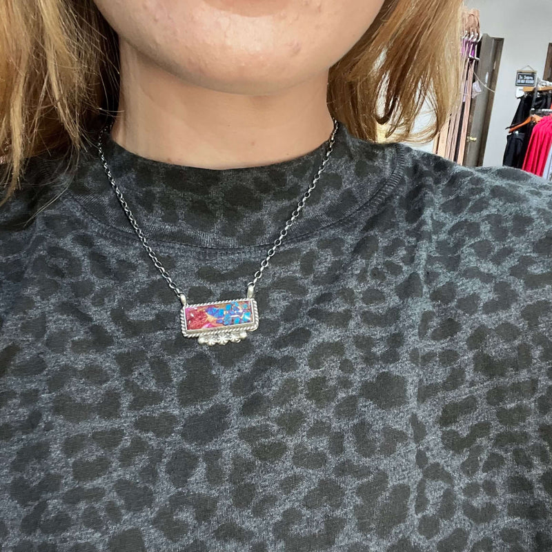Pink Dahlia with Fancy Detail Bar Sterling Silver Necklace