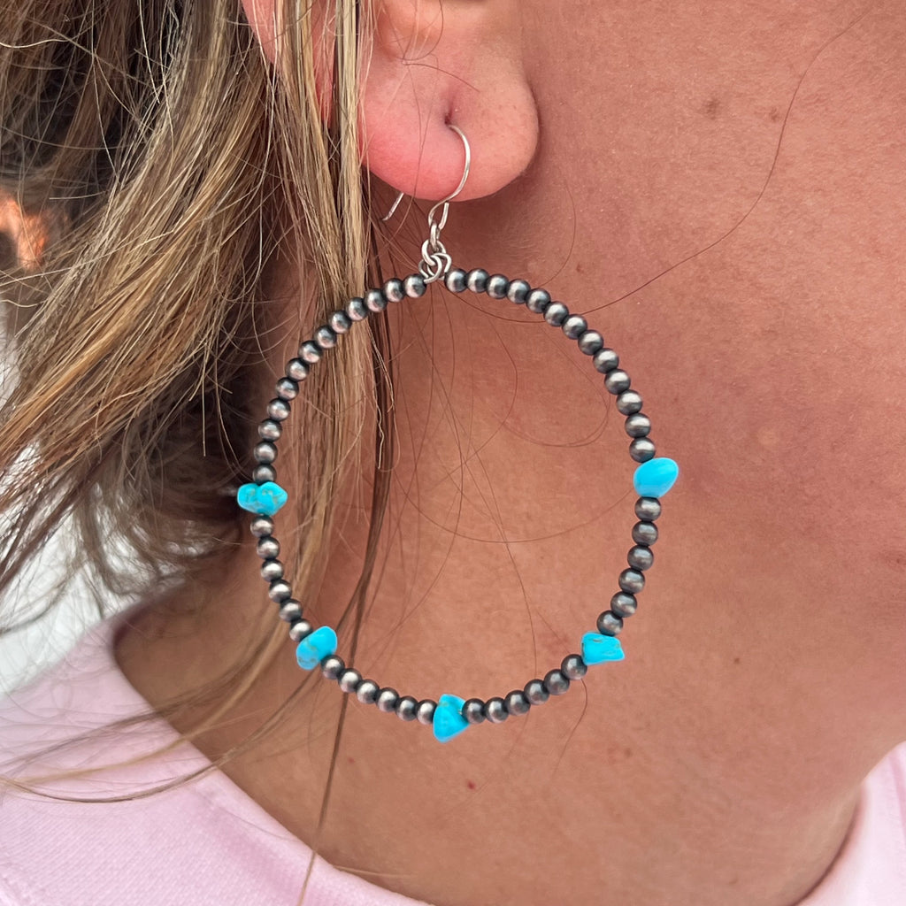 Turquoise Chip and 3mm Navajo Pearl Hoop Genuine Earring