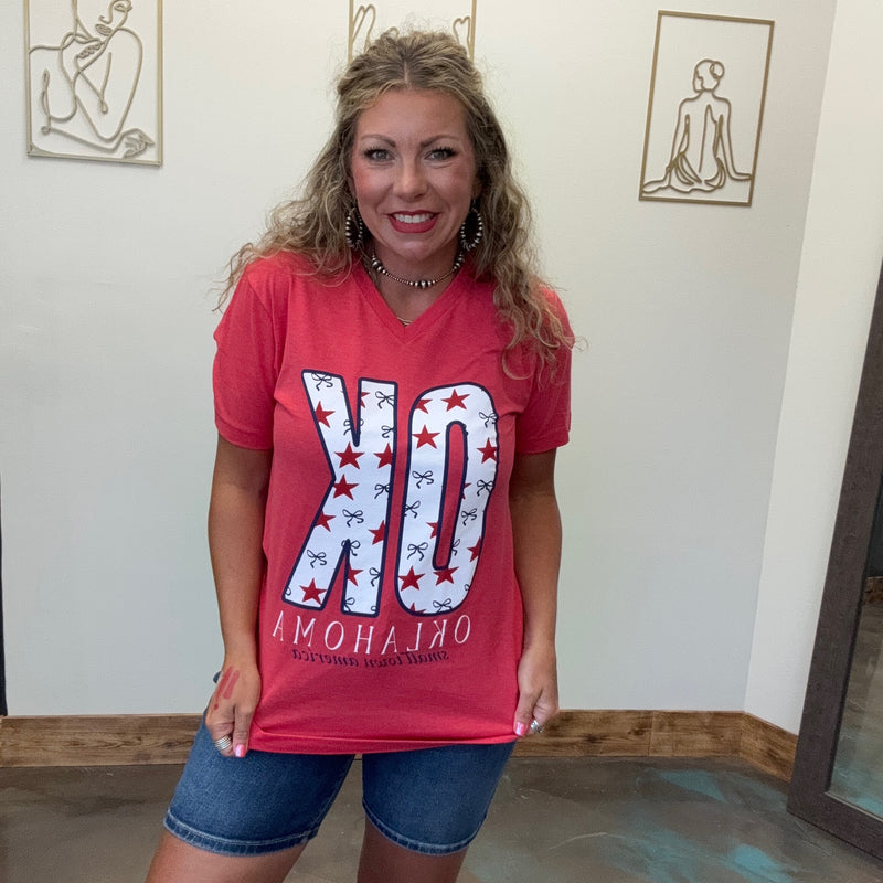 OK Small Town America Stars & Bows V-Neck Short Sleeve T Shirt