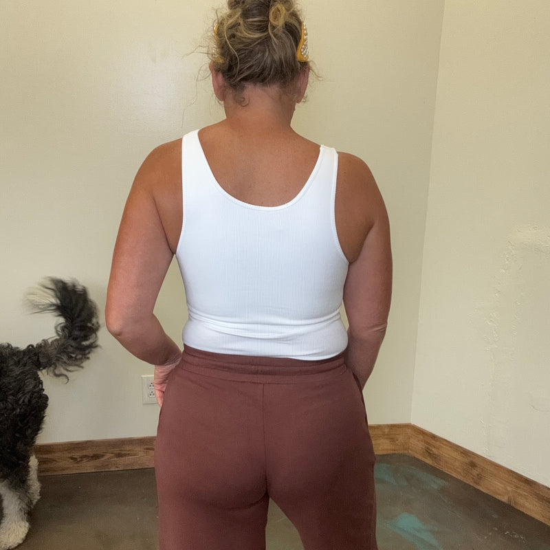 White Ribbed Tank Top with Built in Bra