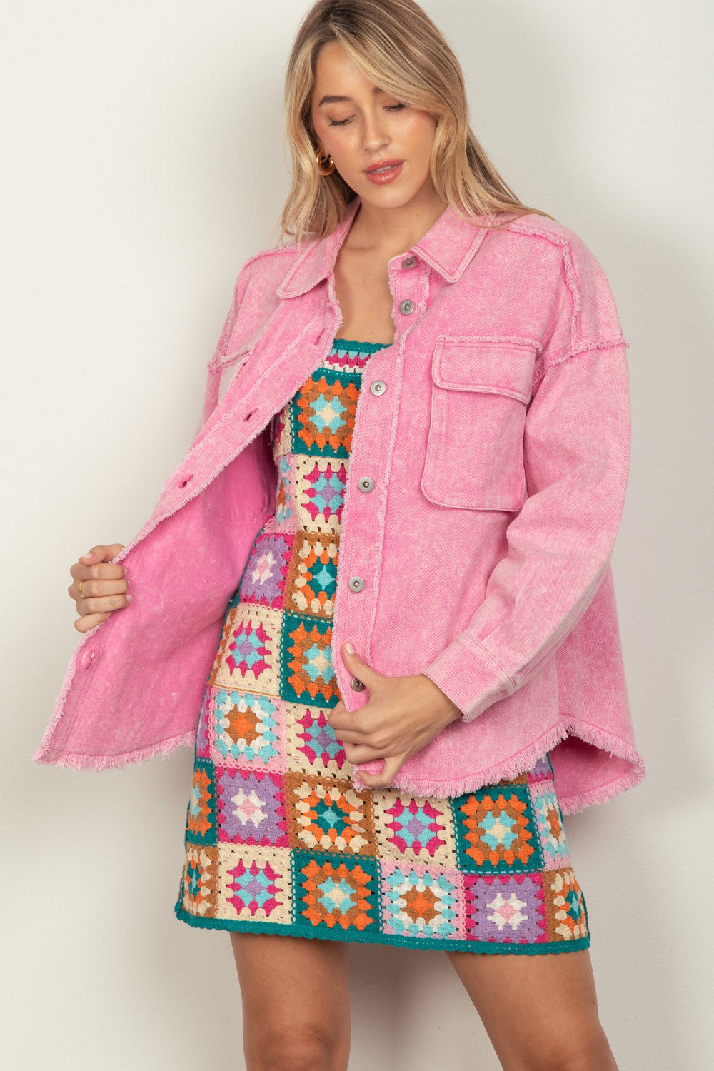 Pink Button Up Raw Hem Long Sleeve Jacket