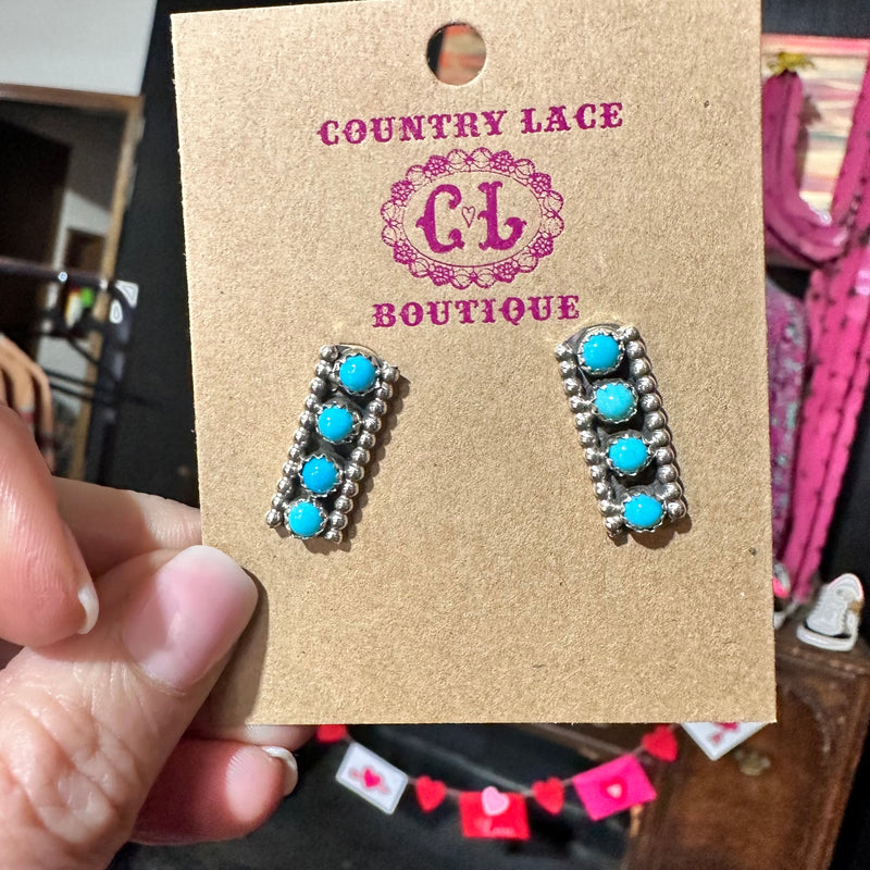 4 Stone Turquoise Vertical Post Genuine Earring