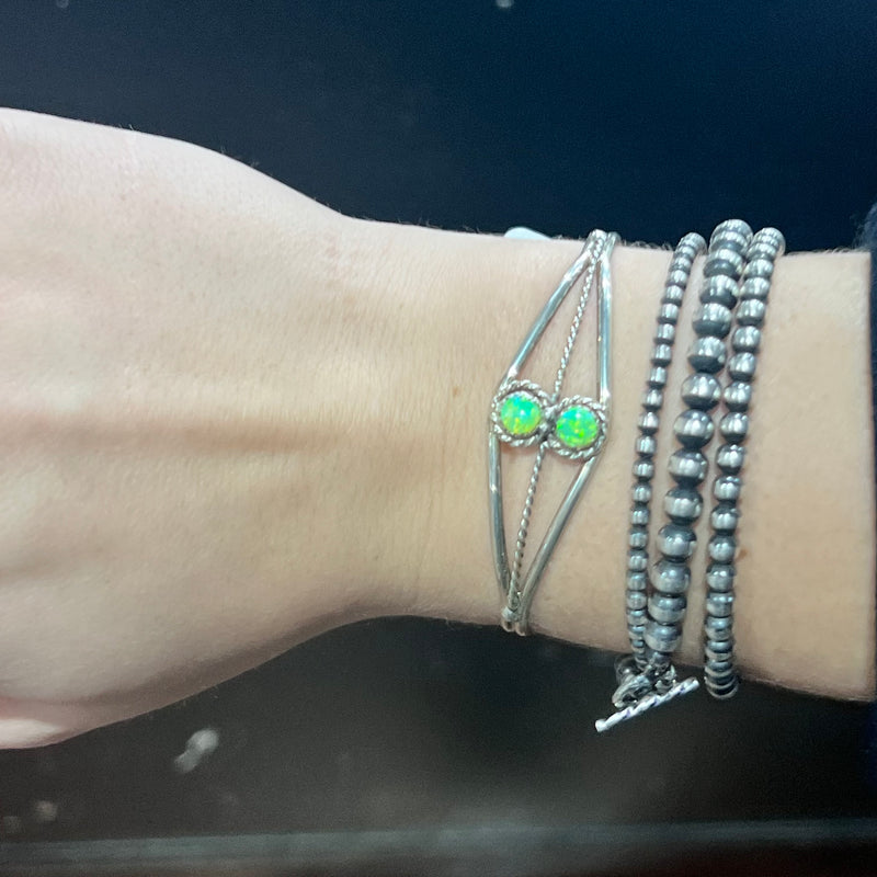 2 Stone Lime Green Opal Cuff Genuine Bracelet