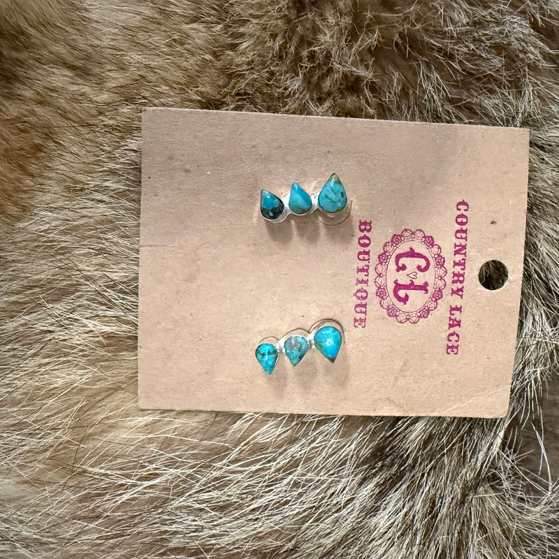 3 Stone Tear Drop Turquoise Post Genuine Earring