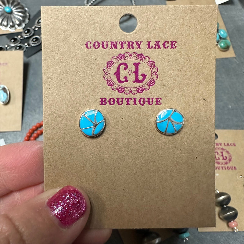 Fun Turquoise Round Inlay Post Stud Genuine Earring