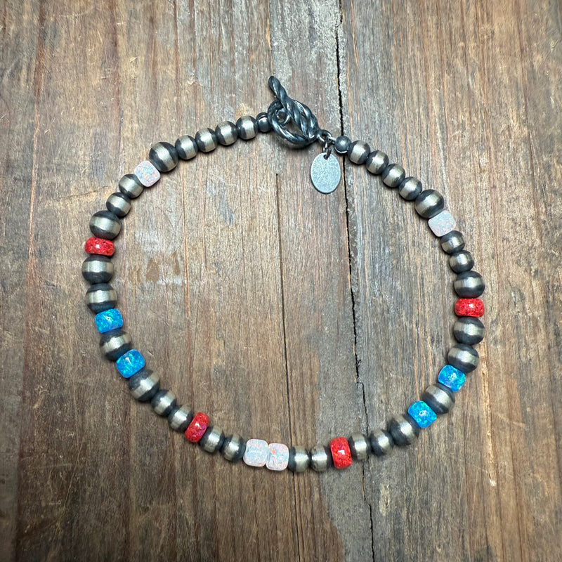 Patterned Navajo Pearl with Red White & Blue Toggle Clasp Sterling Silver Bracelet