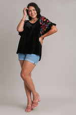 Umgee Full Size Velvet Embroidery Short Sleeve Blouse