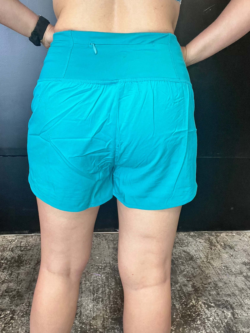 Turquoise High Waisted Athletic Shorts with Zip Waist Pocket