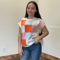 pink orange turquoise checkered sweater vest