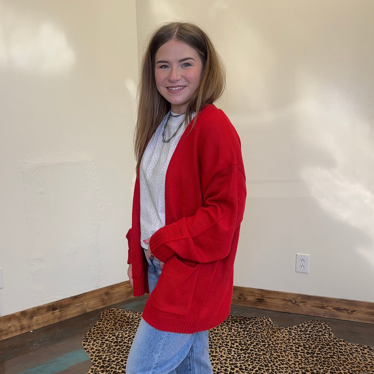 Red Long Sleeve Sweater Cardigan