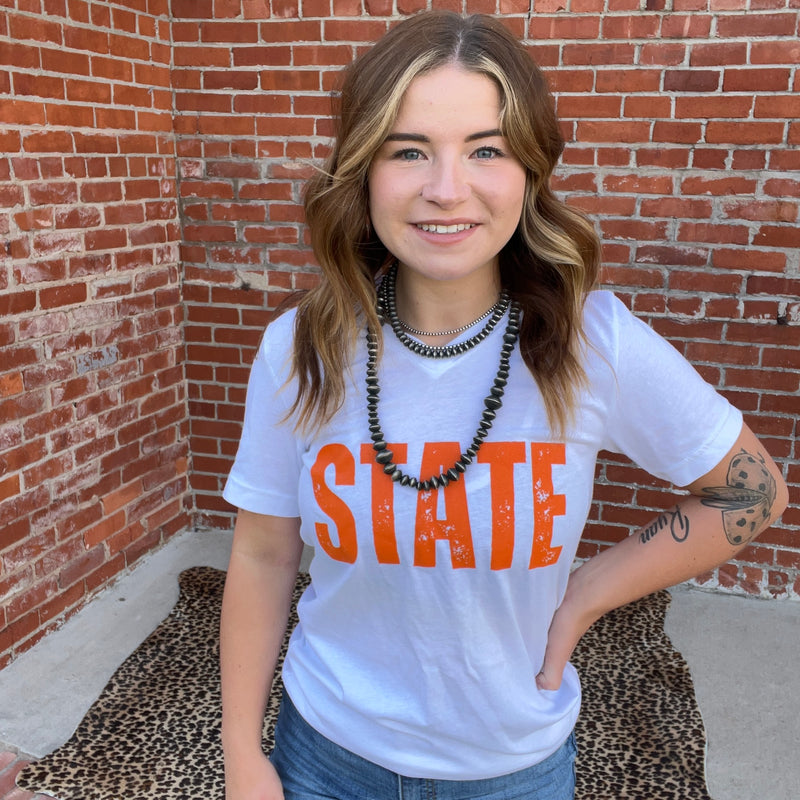 Orange V Neck and White STATE T-shirt