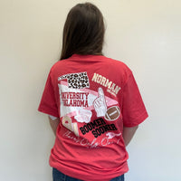Person wearing a red t-shirt with 'University of Oklahoma' and 'Boomer Sooner' text on the back.