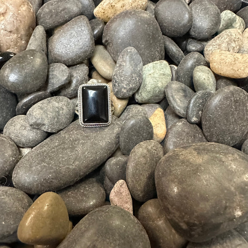 Black Onyx Rectangle with Rope Detail Genuine Ring