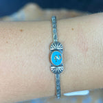 Blue Turquoise with Hammered Detail Genuine Sterling Silver Cuff Bracelet.