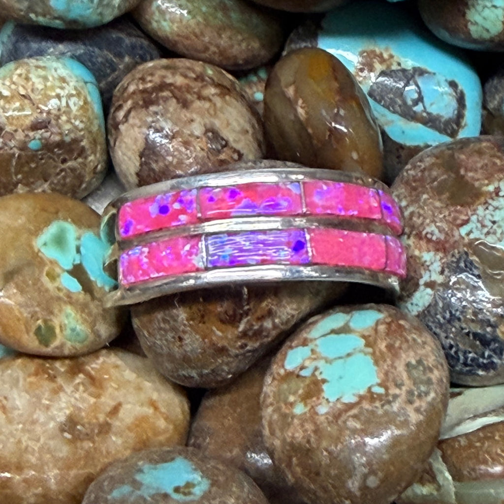 8 Hot Pink Opal Inlay Double Band Sterling Silver Ring - Country Lace Boutique