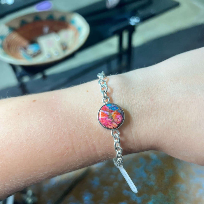 8 Inch Dainty Round Pink Dalhia Sterling Silver Bracelet - Country Lace Boutique
