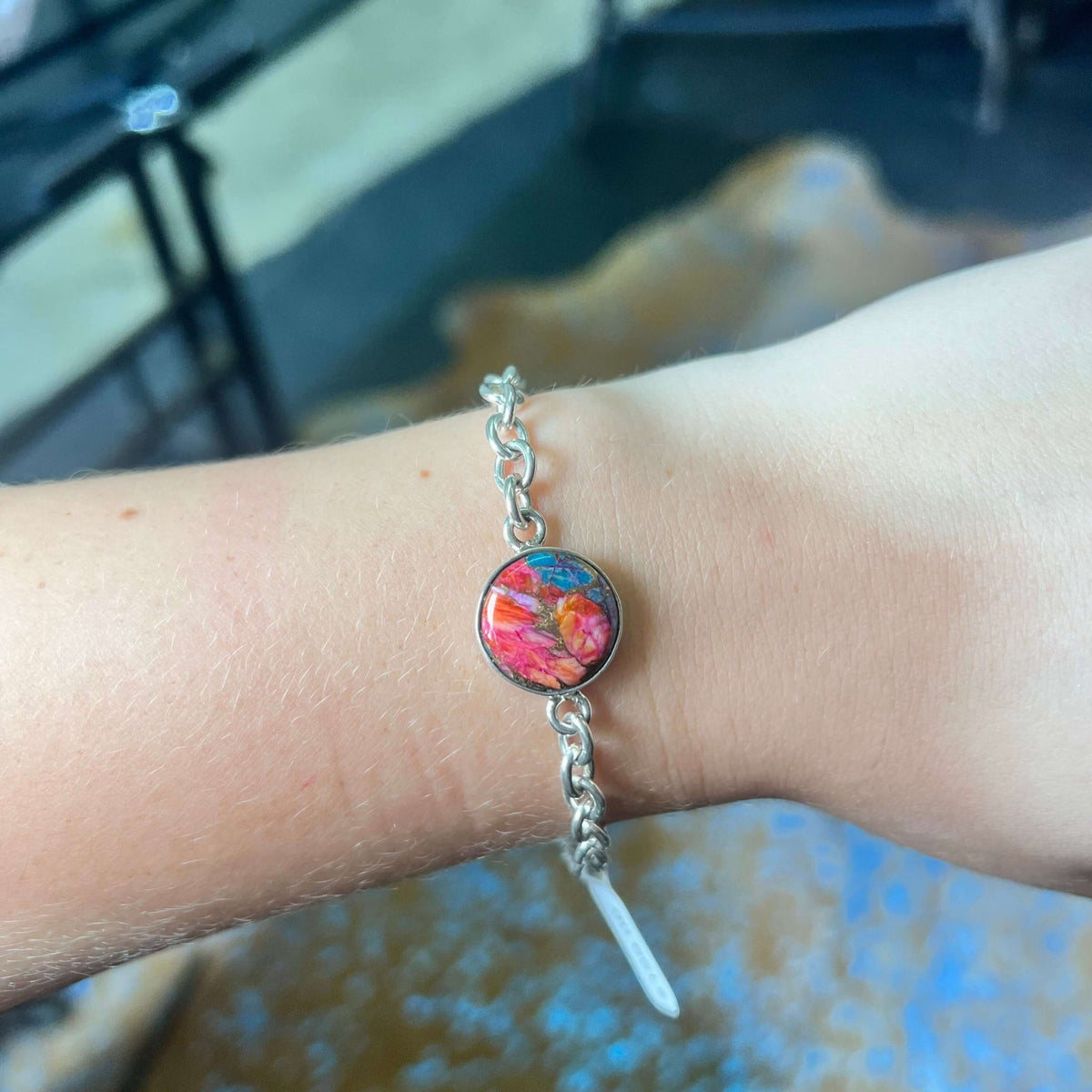 8 Inch Dainty Round Pink Dalhia Sterling Silver Bracelet - Country Lace Boutique