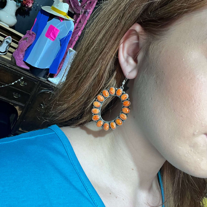 Gorgeous Orange Spiny Round Halo Sterling Silver Earrings