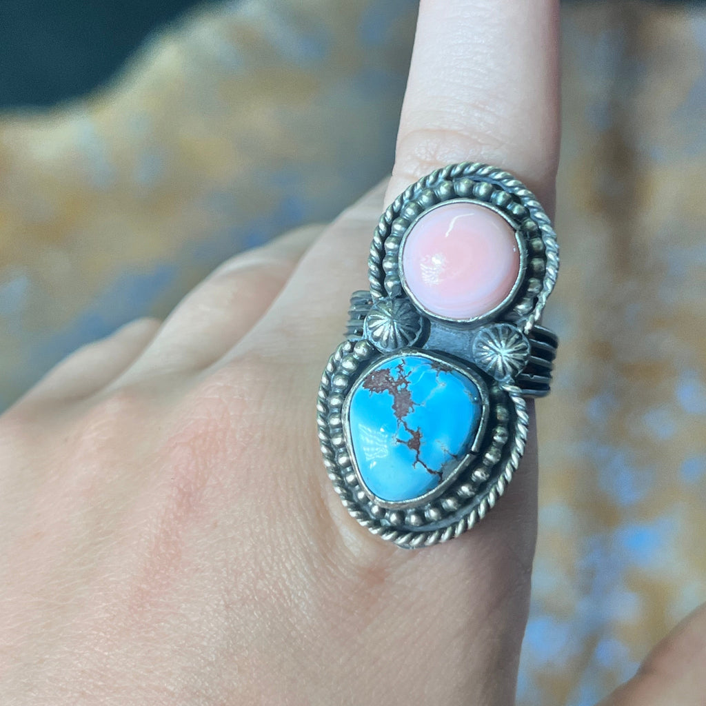 pink conch and turquoise ring