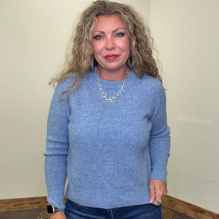 Light Blue Soft Waffle Crew Neck Long Sleeve Sweater