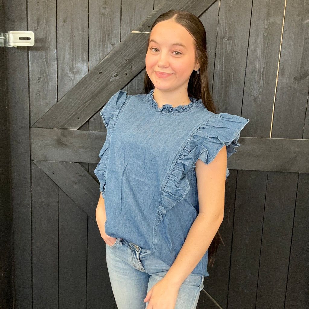 Mock Ruffle Trim Denim Cap Sleeve Top