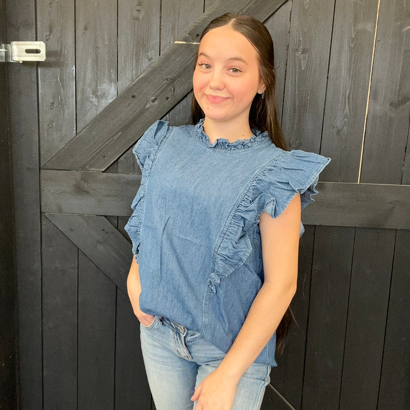 Mock Ruffle Trim Denim Cap Sleeve Top