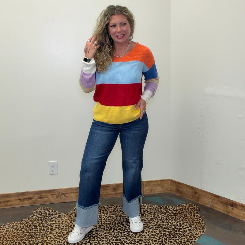 Bright Multi Color Twisted Back Long Sleeve Sweater