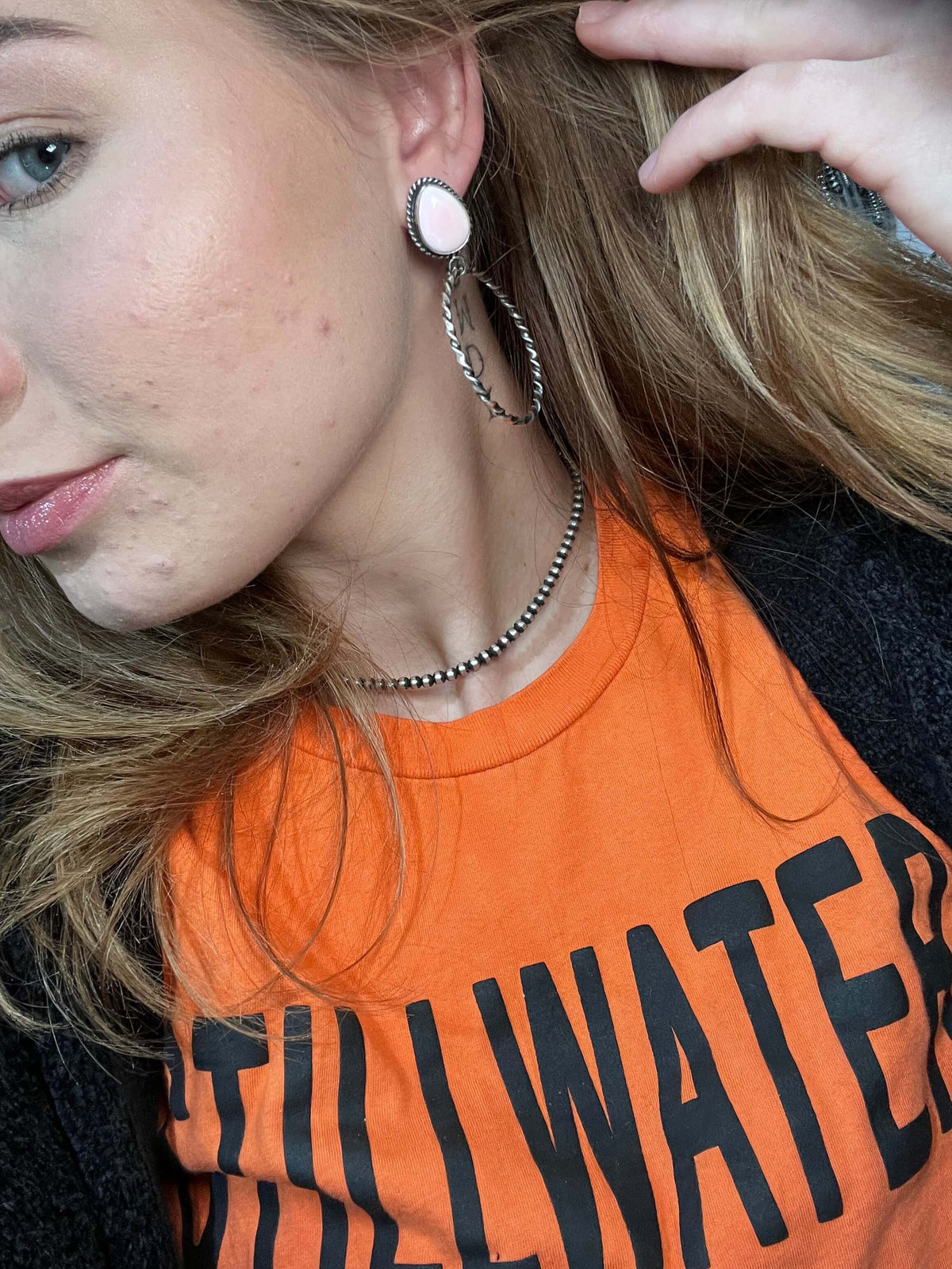 Pink Conch Hoop Post Sterling Silver Earring