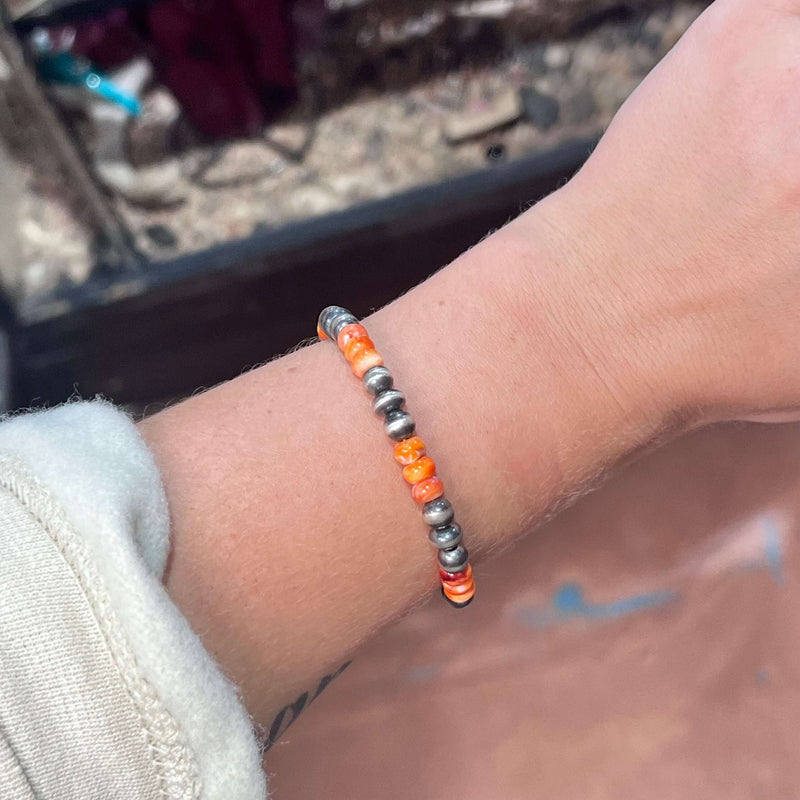 Orange Spiny & Navajo Pearl Stretchy Patterned Genuine Bracelet