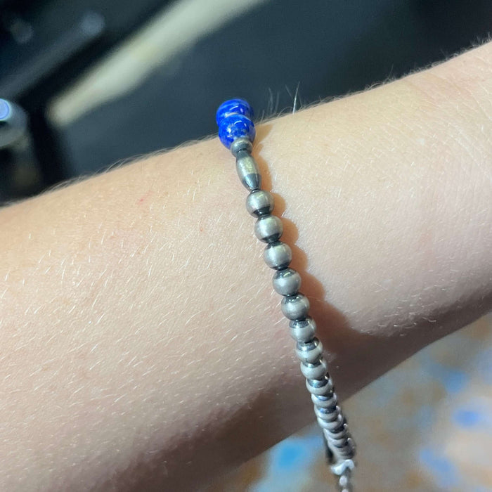 7 Inch 4mm Navajo Pearl with Blue Lapis Sterling Silver Bracelet