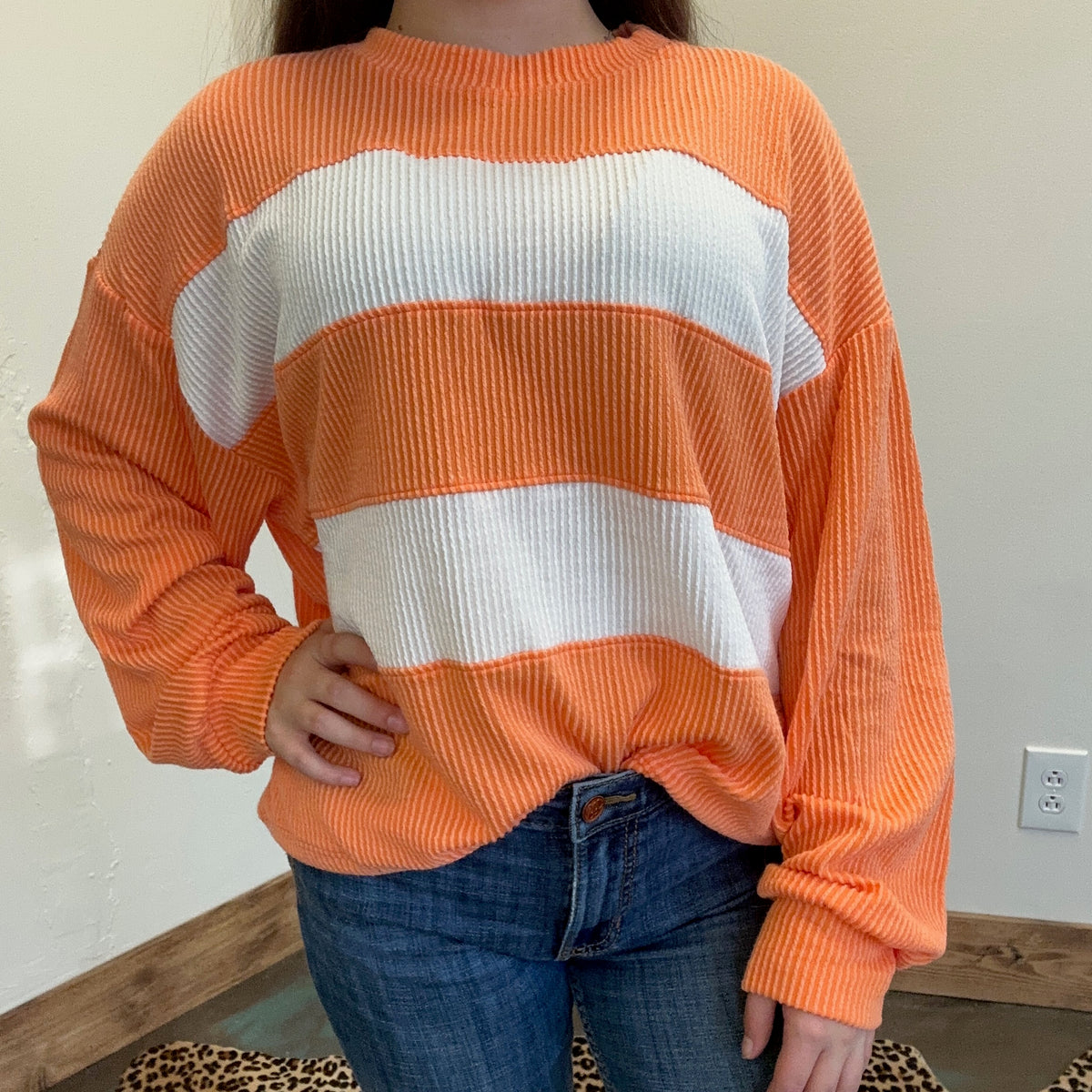 ORANGEWHITESTRIPERIBBEDTOP