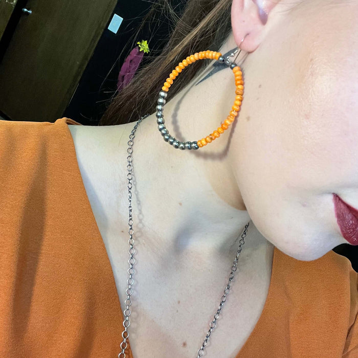 Orange Spiny and 5mm Navajo Pearl Hoop Sterling Silver Earring
