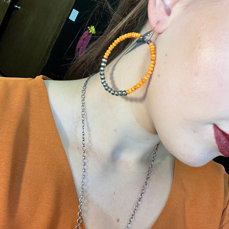 Orange Spiny and 5mm Navajo Pearl Hoop Genuine Earring