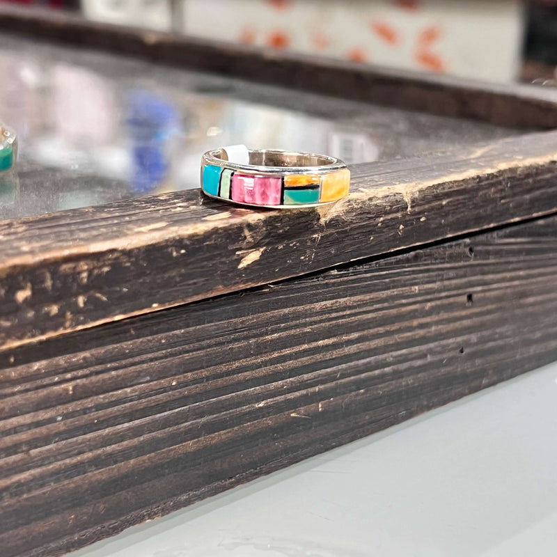 Multi Stone Raised Inlay Sterling Silver Ring size 10
