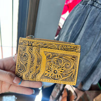 Natural Tooled Leather Card Holder with Zipper