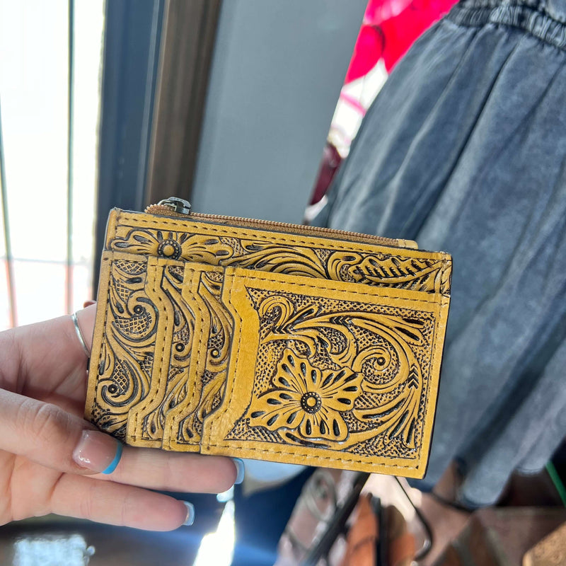 Natural Tooled Leather Card Holder with Zipper