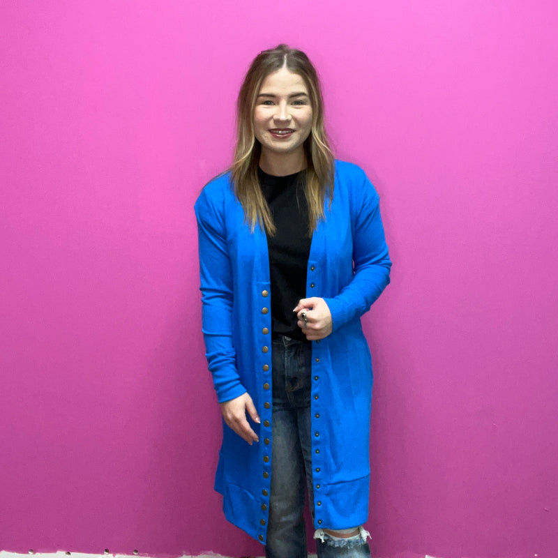 Blue Snap Down w/ Pockets Long Sleeve Soft Cardigan