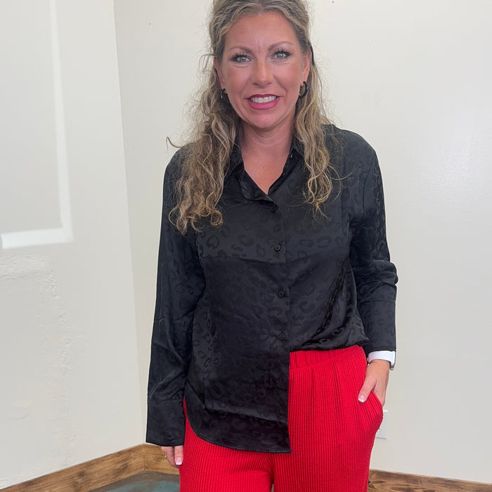 Silky Black Leopard Long Sleeve Button Up Top