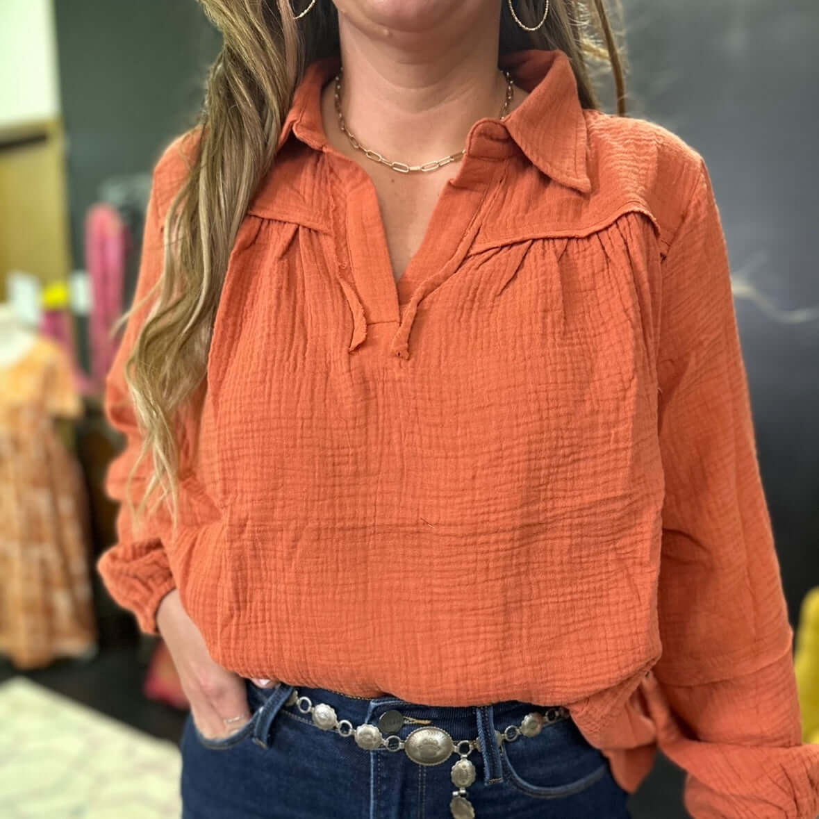 Rust Orange Bubble Sleeve Collared Plus Top