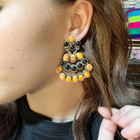Black Onyx and Orange Spiny Chandelier Sterling Silver Earrings
