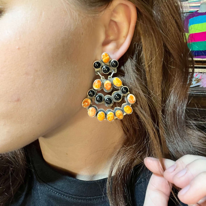 Black Onyx and Orange Spiny Chandelier Sterling Silver Earrings