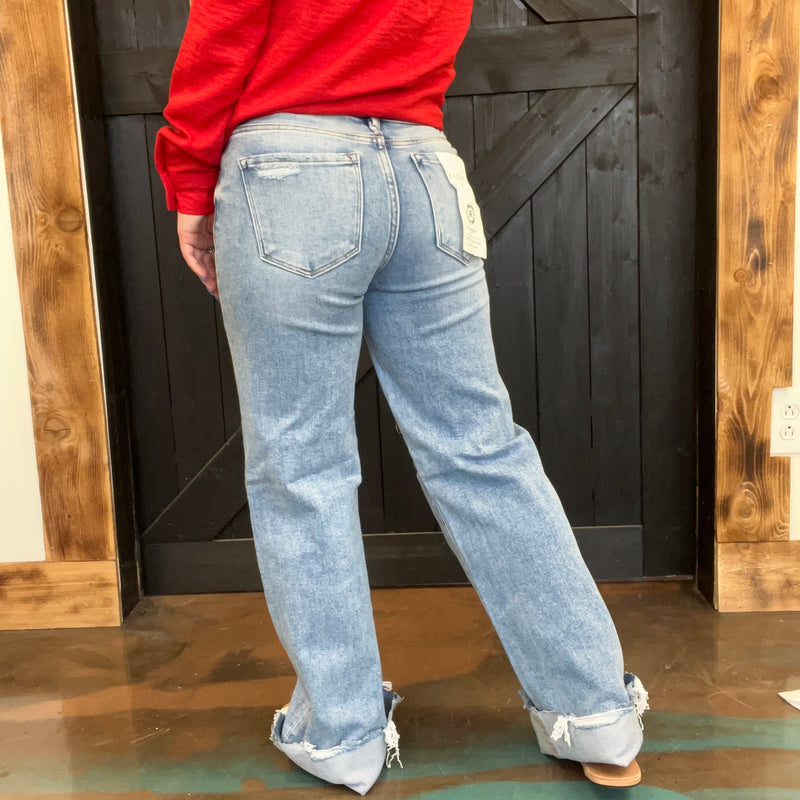 Tummy Control Mid Rise Wide with Distressing Risen Jeans