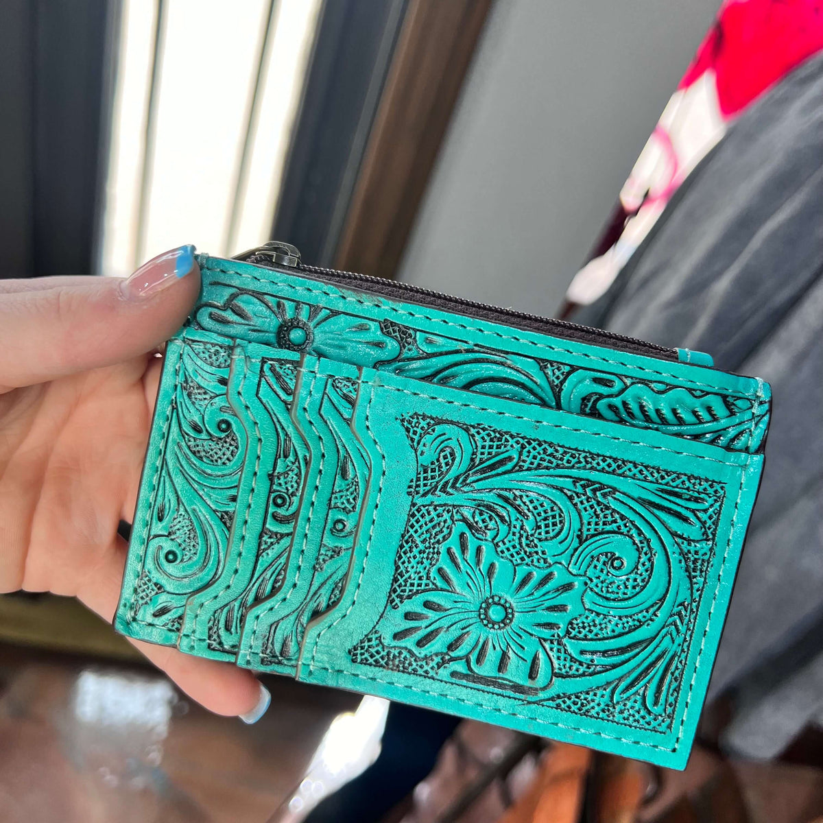 Natural Tooled Leather Card Holder with Zipper
