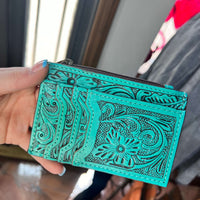 Natural Tooled Leather Card Holder with Zipper