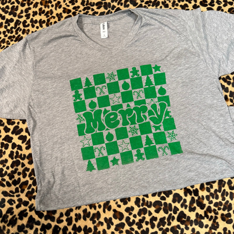 Heather Grey & Green Worn Merry V Neck T-shirt.