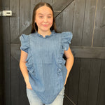 Mock Ruffle Trim Denim Cap Sleeve Top